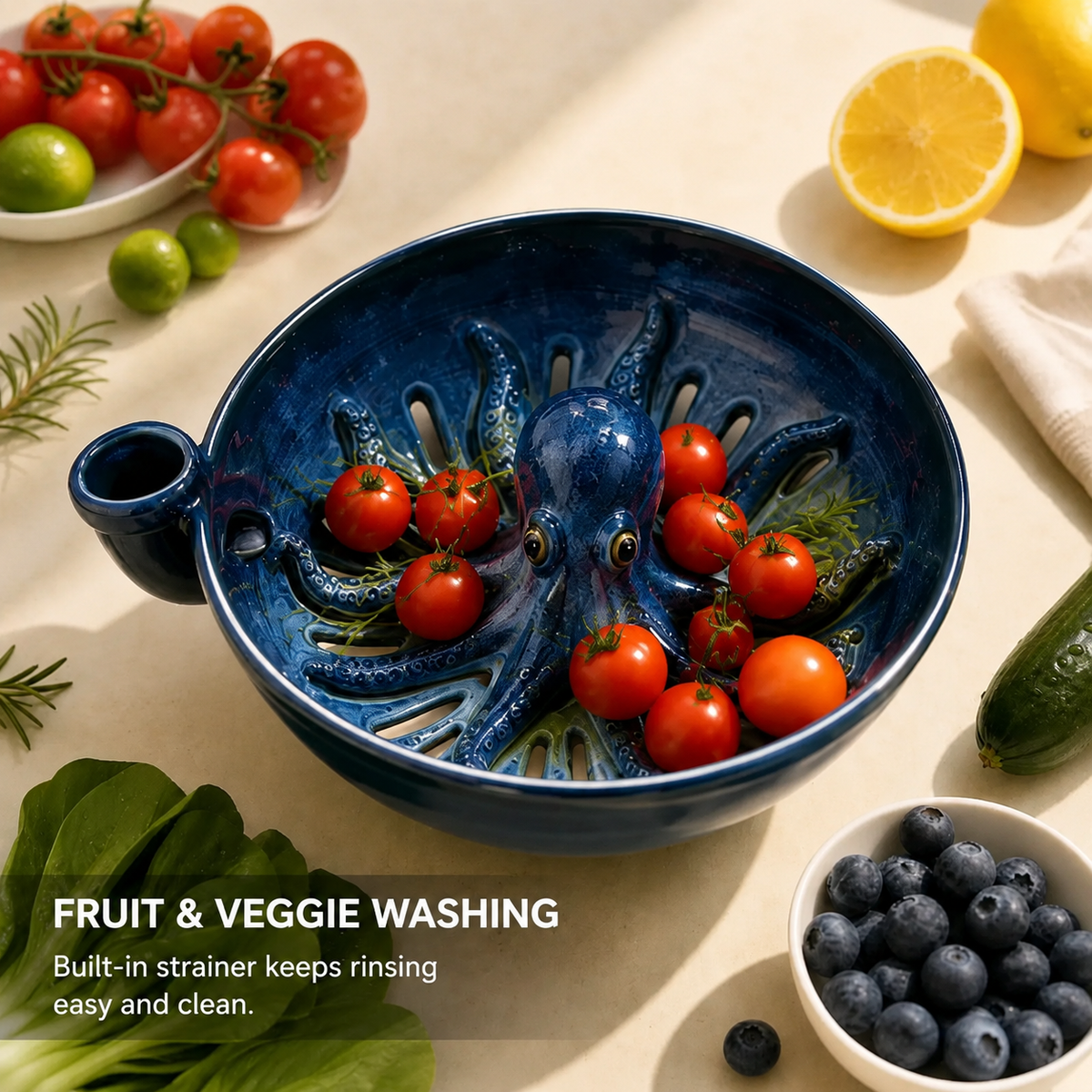 Bold Indigo Octopus Berry Colander