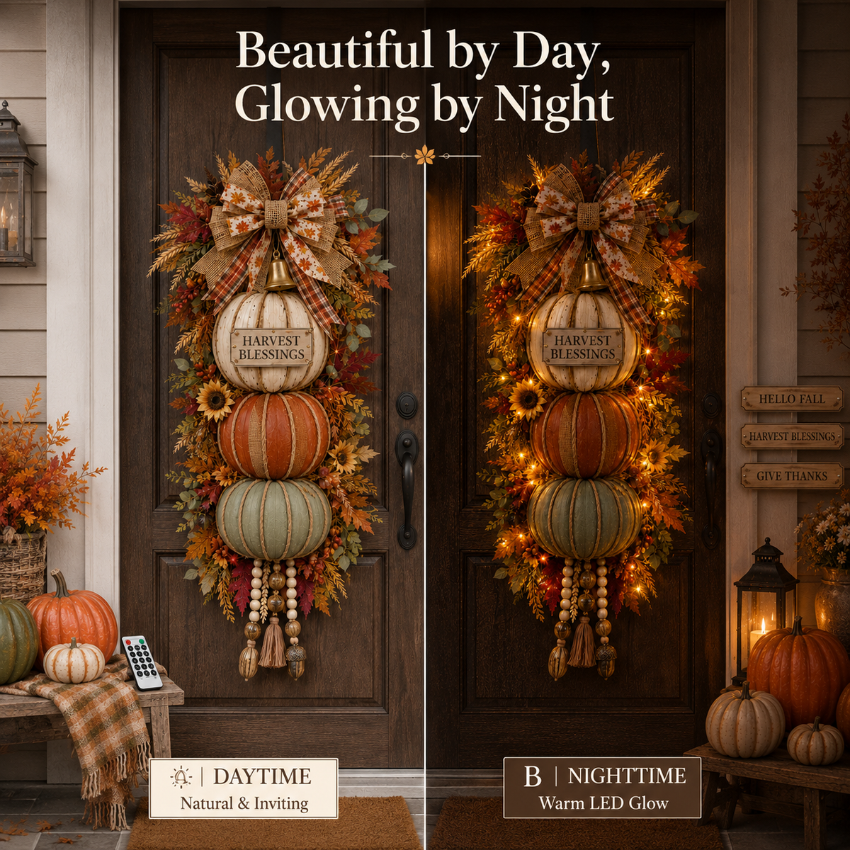 🎁 Last Day 50% OFF✨-🎄Lighted Stacked Pumpkin Fall Door Decorfor Cozy Autumn Home Entryway Charm 🍂